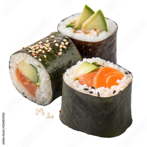 Fresh Salmon and Avocado Sushi Rolls on Transparent Background