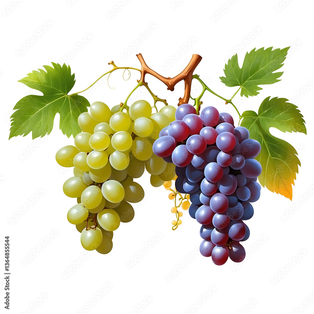 Obraz premium Including green and red grape leaves, the grapes appear ripe and juicy