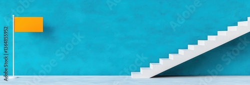 Orange Flag on Pole Next to White Steps Against Teal Wall Concept Of Goal Achievement and Ambition In Modern Minimalist Setting