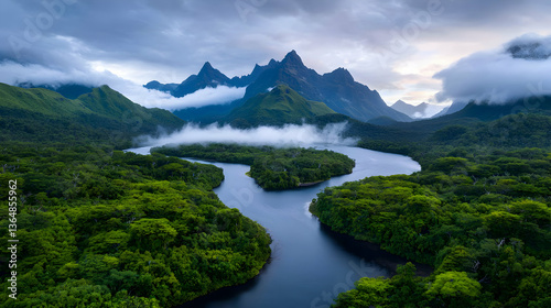Aerial View of Lush Tropical River Valley and Mountains