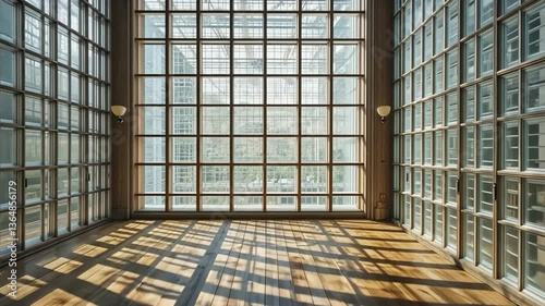 Large Interior Room With Large Windows Sunlight Shadows and Glass Block Walls
