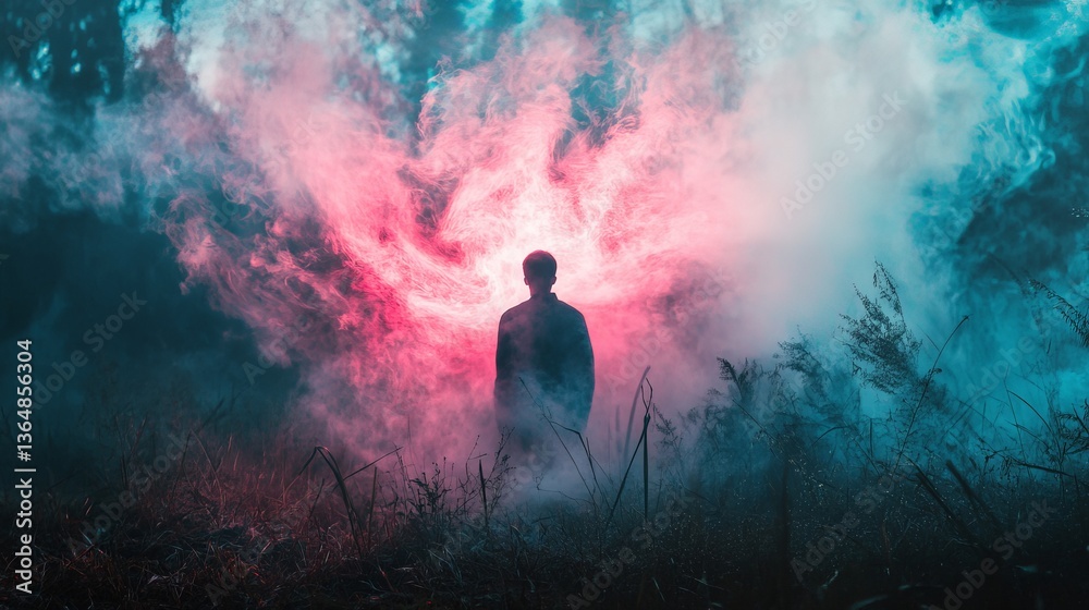 Silhouette of a person standing in a field of smoke with a colorful backdrop. Silhouette of a person standing in a field of smoke with a colorful backdrop.