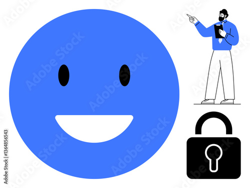 Blue happy face, confident professional gesturing, secure padlock. Ideal for trust, communication, positivity, online security, teamwork education emotional well-being. Flat simple metaphor