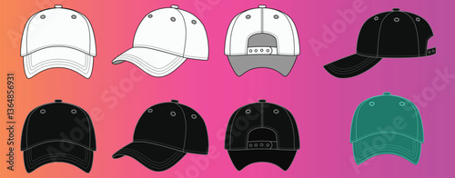 Trucker Cap Mesh Cap Template Illustration Black and White Trucker Hat Mesh Vector Mockup Tempalte Streetwear Headwear Vector Mockup Collection 6 Pannel Hat Cap Vector color cap