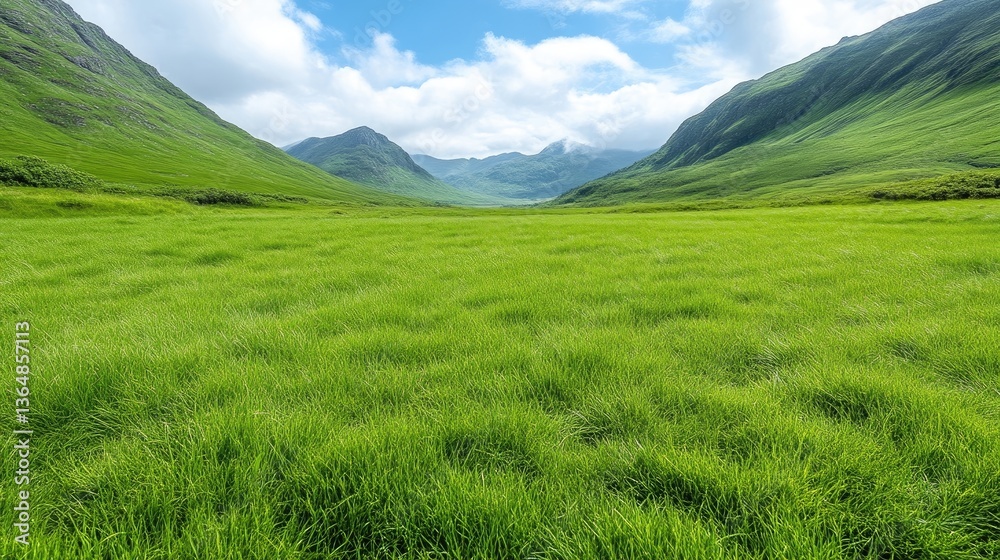 Fototapeta premium Lush green meadow stretches into a mountain valley under a vibrant sky. A vast expanse of grassy field leads to a picturesque mountain range
