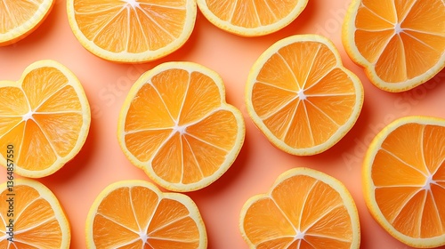 Orange slices with flat lay, and pastel background.