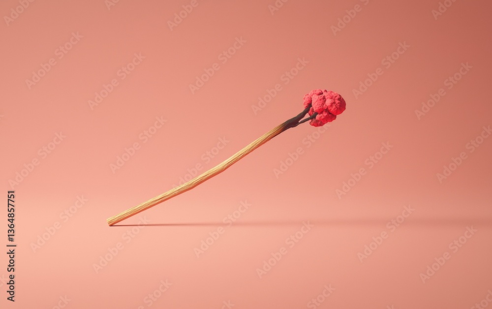 Unique artistic representation of a matchstick with a red, textured tip against a soft pink background Unique artistic representation of a matchstick with a red, textured tip against a soft pink background