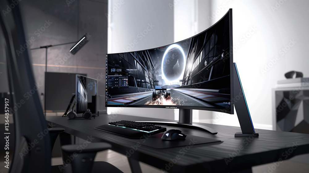 Ultra-wide curved gaming monitor with dynamic RGB lighting displaying fast-paced racing game on modern black desk. Cutting-edge gaming setup for esports and virtual racing enthusiasts.
