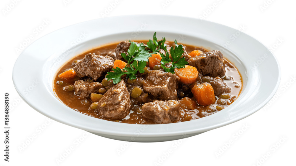 meat and lentil stew, beautifully served alone on a clean plate, simple and neat background, no person or additional items ? white background --ar 16:9 meat and lentil stew, beautifully served alone on a clean plate, simple and neat background, no person or additional items ? white background --ar 16:9