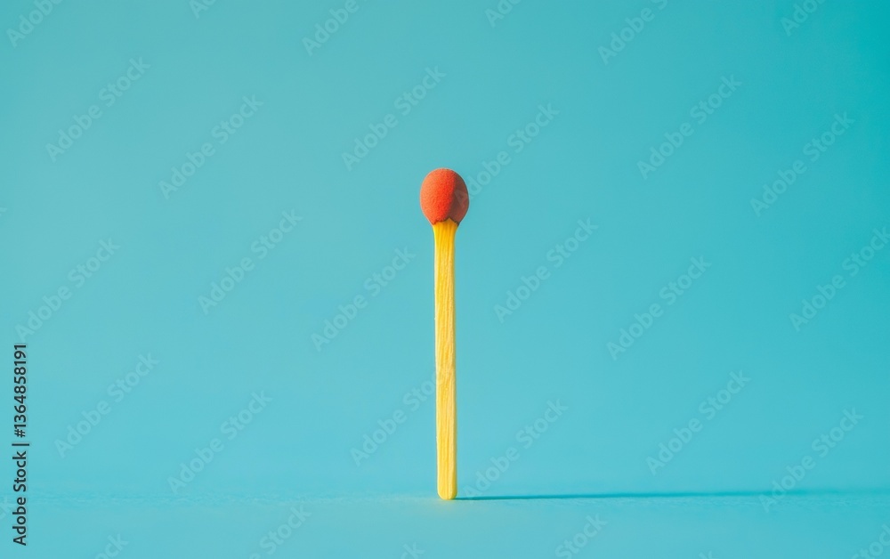 Brightly colored matchstick standing upright on a blue background showcasing simplicity and design Brightly colored matchstick standing upright on a blue background showcasing simplicity and design
