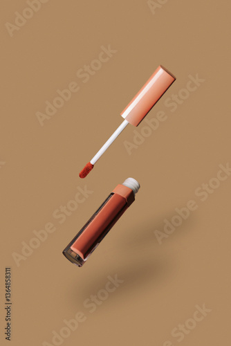 Floating brown lipstick tube and applicator on a beige background