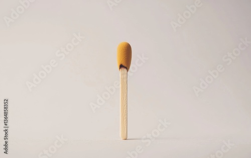 Matchstick standing upright against a neutral background with a burnt tip, showcasing its simple design and functionality