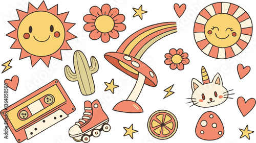 Vintage groovy set elements in flat graphic design. Vector illustration. Collection of funny cat, heart, sun, sunglasses, daisy, cactus, roller skates, music cassette, guitar, peace, unicorn, other. 