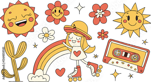 Vintage groovy set elements in flat graphic design. Vector illustration. Collection of funny cat, heart, sun, sunglasses, daisy, cactus, roller skates, music cassette, guitar, peace, unicorn, other. 