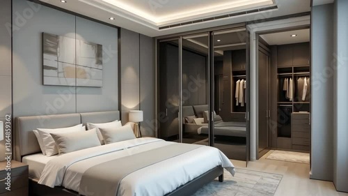 Luxury Bedroom Interior Featuring White Bedding Gray Walls Wardrobe and Art Display