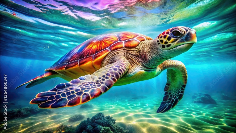 Fototapeta premium Double Exposure Sea Turtle Underwater Photography: Vibrant Shell Patterns, Blue Green Hues