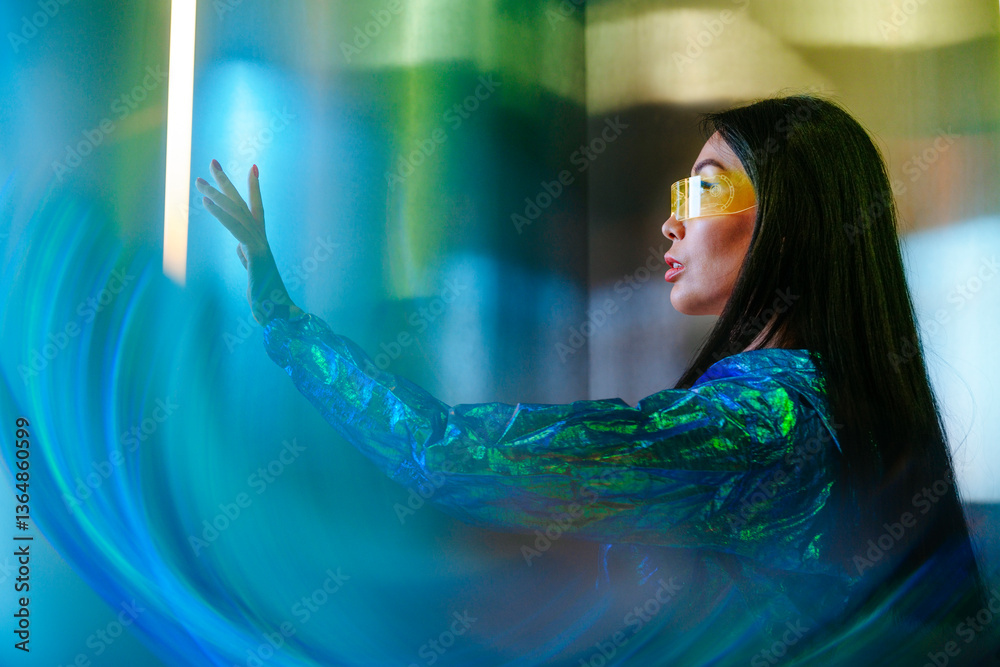 © VISTA by Westend61 - Futuristic woman wearing glasses in a neon-lit environment