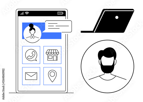 Smartphone screen with app icons for messaging, store, email, location. User profiles with chat bubble. Ideal for digital communication, online identity, social media, e-commerce navigation user