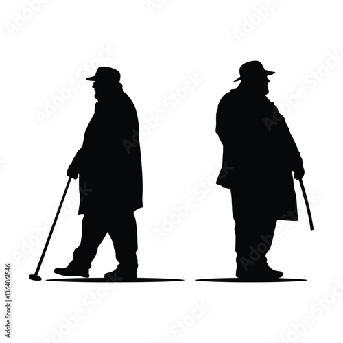 Vector silhouette of obese old age men on white background