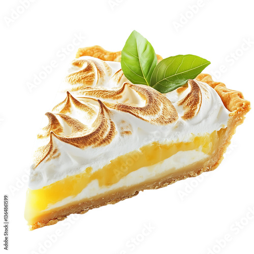 Lemon Meringue Pie Slice PNG, Golden-Brown Crust with Tangy Lemon Filling and Toasted Meringue Topping PNG, Gourmet Dessert Illustration with Fresh Green Garnish PNG