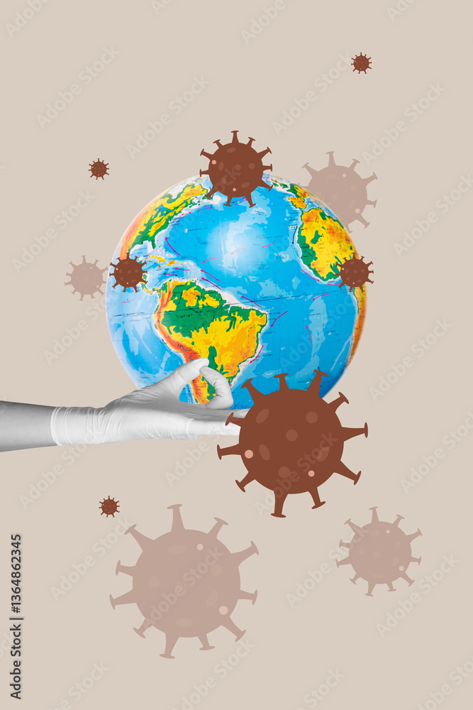 Naklejka premium Poster photo vertical collage of human hand show globe earth icon bacterium illness virus spread pandemic problem quarantine