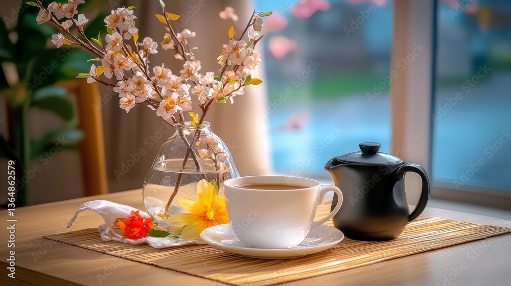 A serene Scandinavian flat lay scene features a cup of tea, blossoms, and a sleek teapot on a wooden table near a window. A serene Scandinavian flat lay scene features a cup of tea, blossoms, and a sleek teapot on a wooden table near a window.
