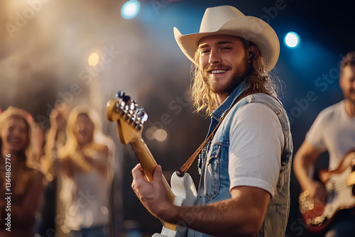 Caucasian young man guitarist in a cowboy hat performing at lively country music concert