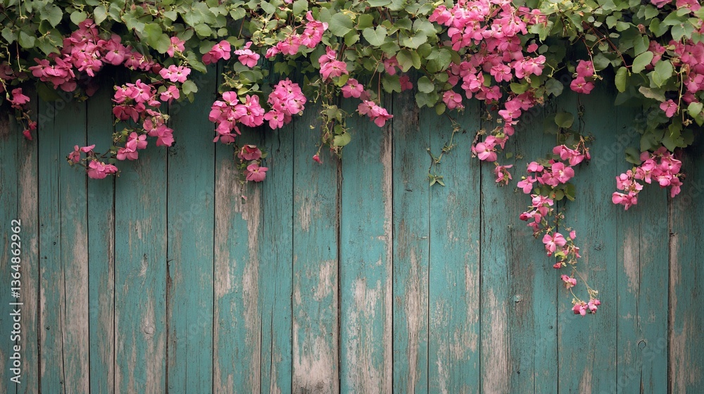 Fototapeta premium Charming floral cascade adorns weathered turquoise painted wooden backdrop