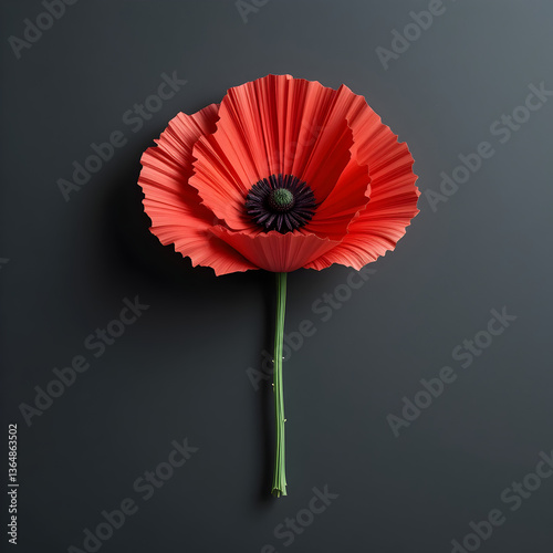 Isolated single poppy paper flower made from crepe paper