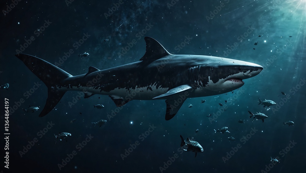 Obraz premium Great Shark Swimming in Deep Blue Ocean with Small Fish Around