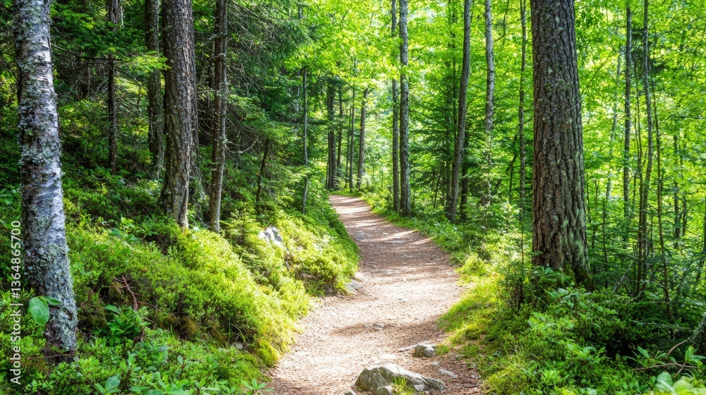 Obraz premium A serene forest path with sunlight filtering through trees,