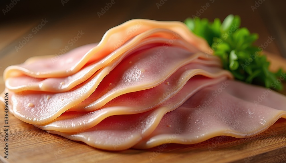 Delicious Ham on a Wooden Cutting Board with Vibrant Green Parsley. A close up of sliced ham on a cutting board. Delicious Ham on a Wooden Cutting Board with Vibrant Green Parsley. A close up of sliced ham on a cutting board.