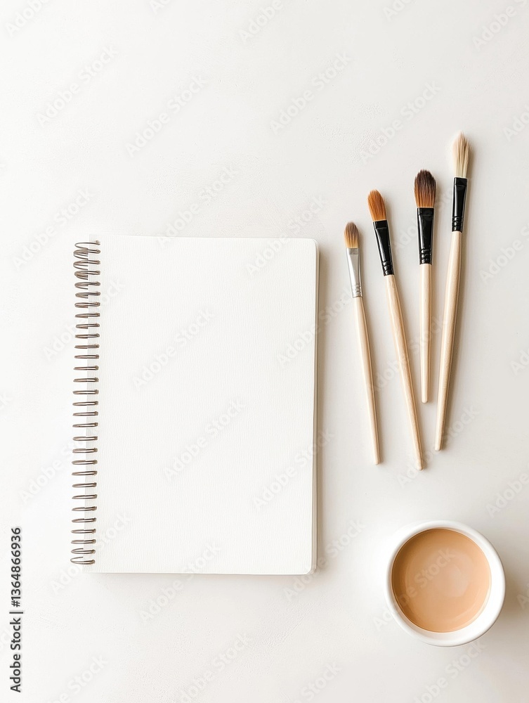 Flat lay of a white notebook with a spiral binding on the left side. next to the notebook, there are four paintbrushes with wooden handles and black bristles. Flat lay of a white notebook with a spiral binding on the left side. next to the notebook, there are four paintbrushes with wooden handles and black bristles.