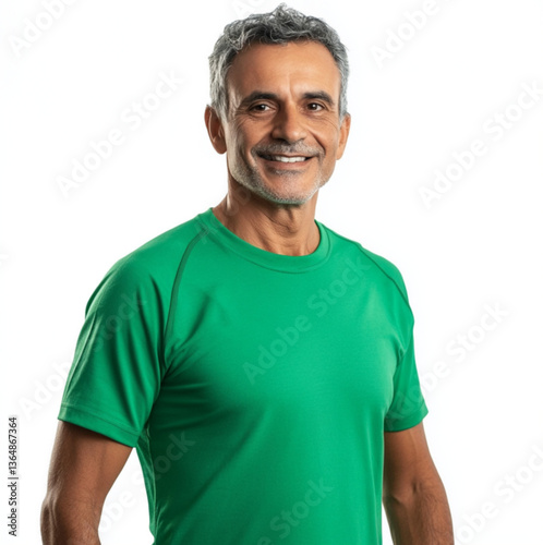 A man is an adult Brazilian about 50 years old on a white background in a green sports T-shirt