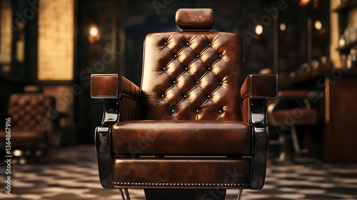 Vintage Barber Shop Chair, Interior, Retro, Stylish, Dark, Soft, Brown, Leather photo