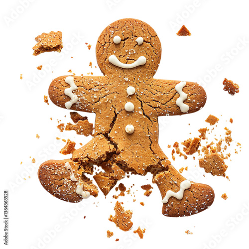 Broken Gingerbread Man PNG – Cracked Holiday Cookie with White Icing and Scattered Crumbs for Festive and Food Branding