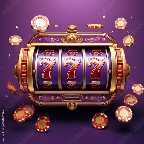 3D Casino Slot Machine – Triple 7s, Floating Poker Chips, and Glossy Gold Details in a Vibrant Gambling-Themed Artwork

