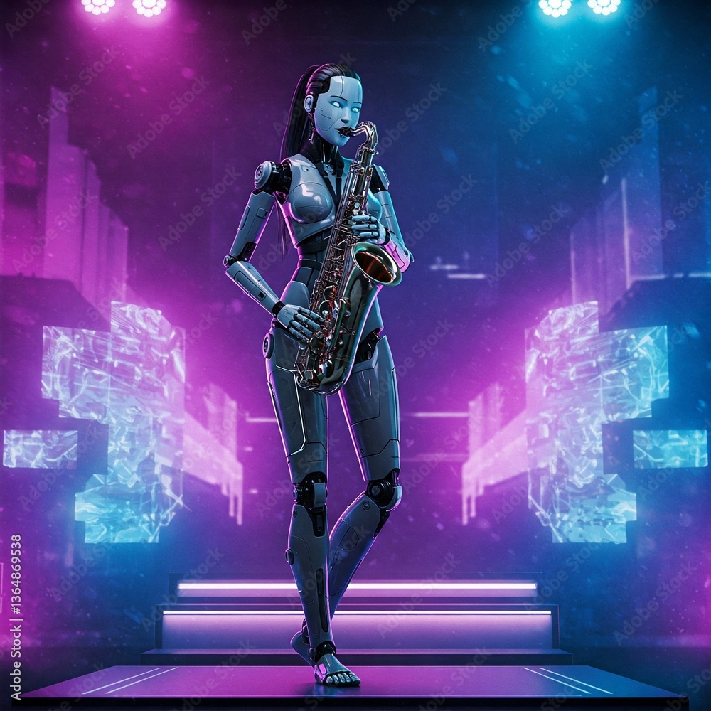 Fototapeta premium Roboter spielt Saxophon auf einer Bühne