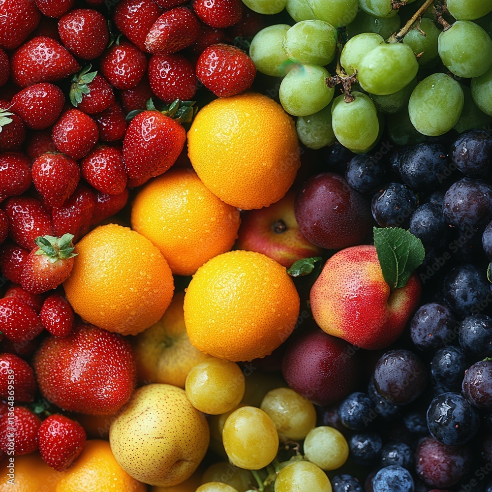 A vibrant assortment of fresh fruits, including strawberries, oranges, grapes, nectarines, and plums, with dewdrops enhancing their freshness. A vibrant assortment of fresh fruits, including strawberries, oranges, grapes, nectarines, and plums, with dewdrops enhancing their freshness.