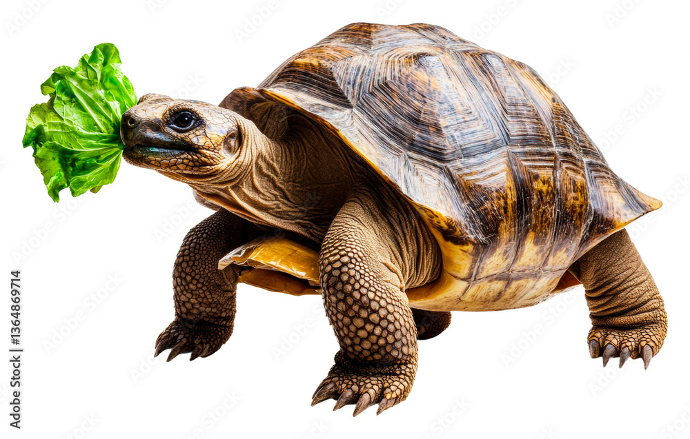 Obraz premium Turtle enjoying lettuce in outdoor garden wildlife setting cut out