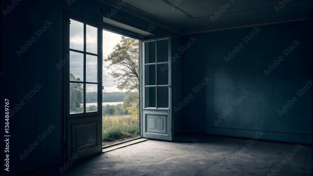 Fototapeta premium An empty room with a muted blue wall and bare concrete floor, featuring an open double door on the left that frames a view of a calm landscape outside.