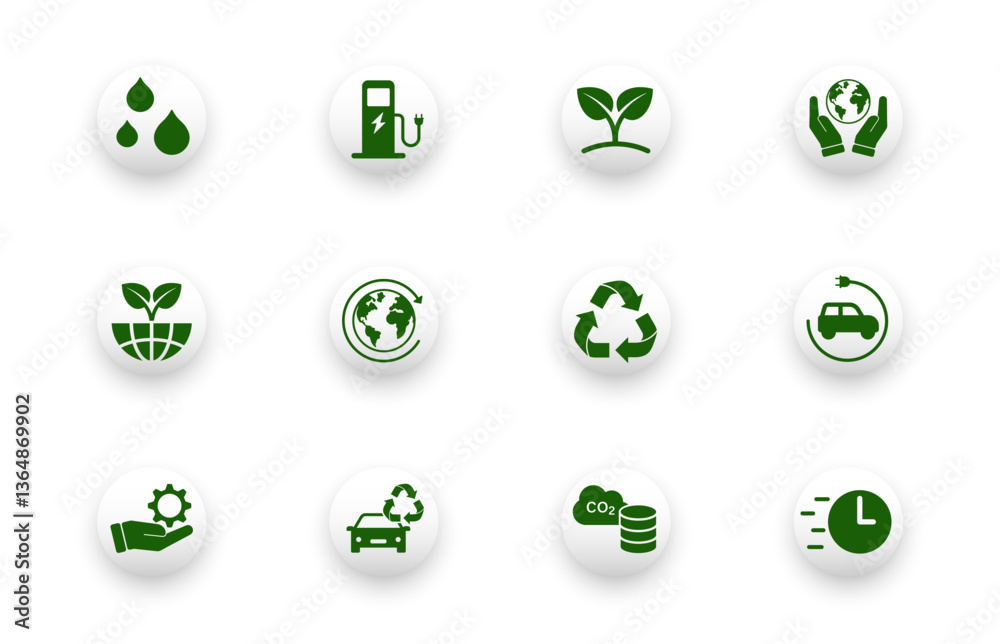 Solid vector icon set with recycling, sustainability, electric vehicles, resources, ecology symbols. Web design icons.