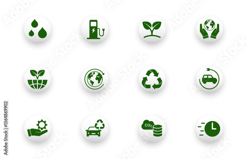 Obraz na płótnie Solid vector icon set with recycling, sustainability, electric vehicles, resources, ecology symbols. Web design icons. w salonie