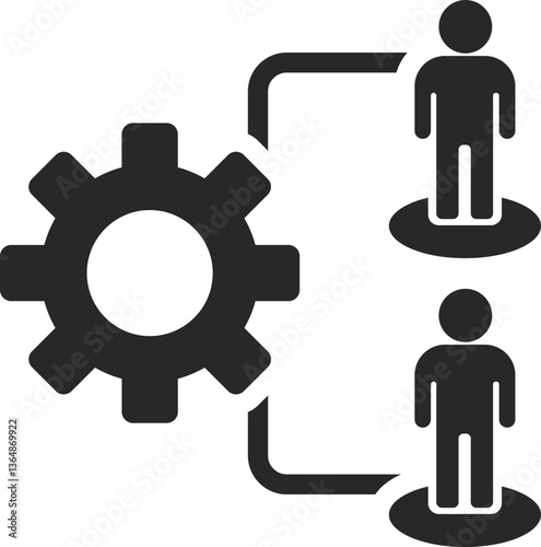 Team management solid icon with gear and two employees in workflow connection, vector.