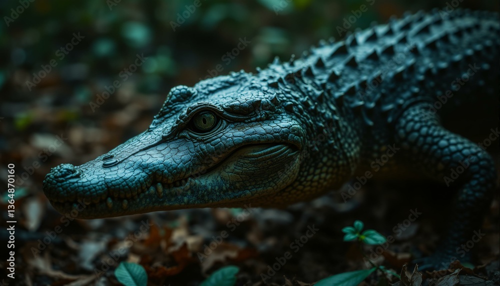 Obraz premium Scaly texture with mossy green to weathered brown hues, intricate ridges, ancient reptilian armor in a humid jungle clearing at twilight.