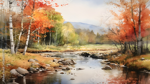 Watercolor autumn time outdoor landscape country road background poster decoration painting