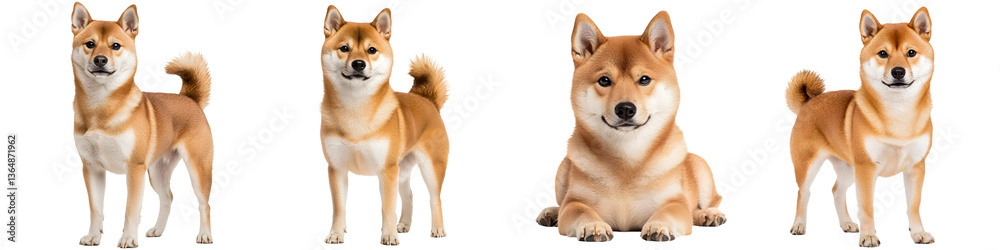 A group of adorable Shiba Inu dogs a popular Japanese breed standing and looking directly at the with alert and curious expressions A group of adorable Shiba Inu dogs a popular Japanese breed standing and looking directly at the with alert and curious expressions