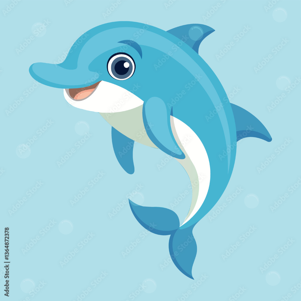 Naklejka premium Cute and funny dolphin. Baby Dolphin standing. Vector illustration dolphin character design with flat color. Can be used for design of t-shirts, posters and Baby Shower party and characters.