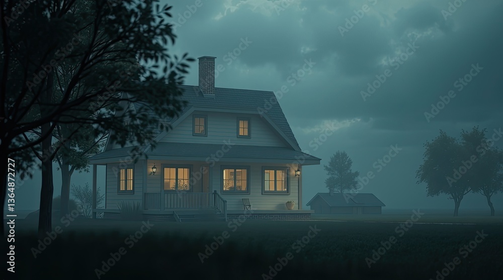 House with lights glowing on a dark and stormy night House with lights glowing on a dark and stormy night