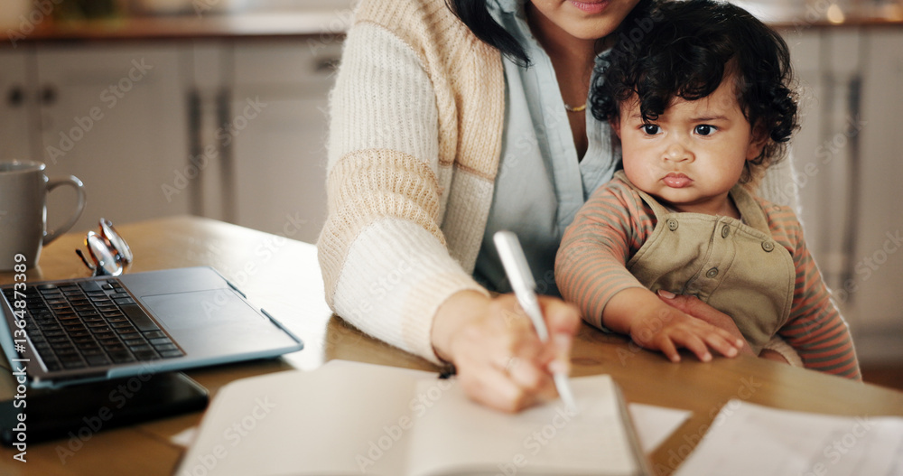 Hands, woman and writing with baby in house for financial planner, schedule update and payment reminder. Person, notebook and laptop with child for information ideas, bills checklist and multitasking Hands, woman and writing with baby in house for financial planner, schedule update and payment reminder. Person, notebook and laptop with child for information ideas, bills checklist and multitasking